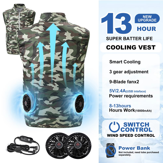 Camouflage cooling vest with fans and power bank on a white background