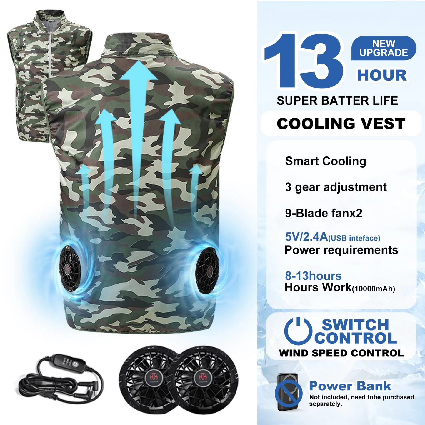 Camouflage cooling vest with fans and power bank on a white background