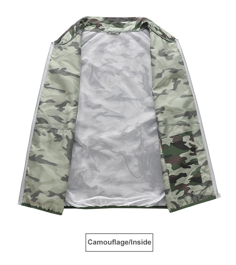 Camouflage-patterned cooling fan vest with mesh interior on a white background