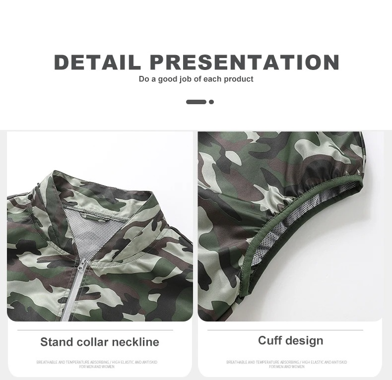 Camouflage cooling vest with stand collar and cuff design on a white background