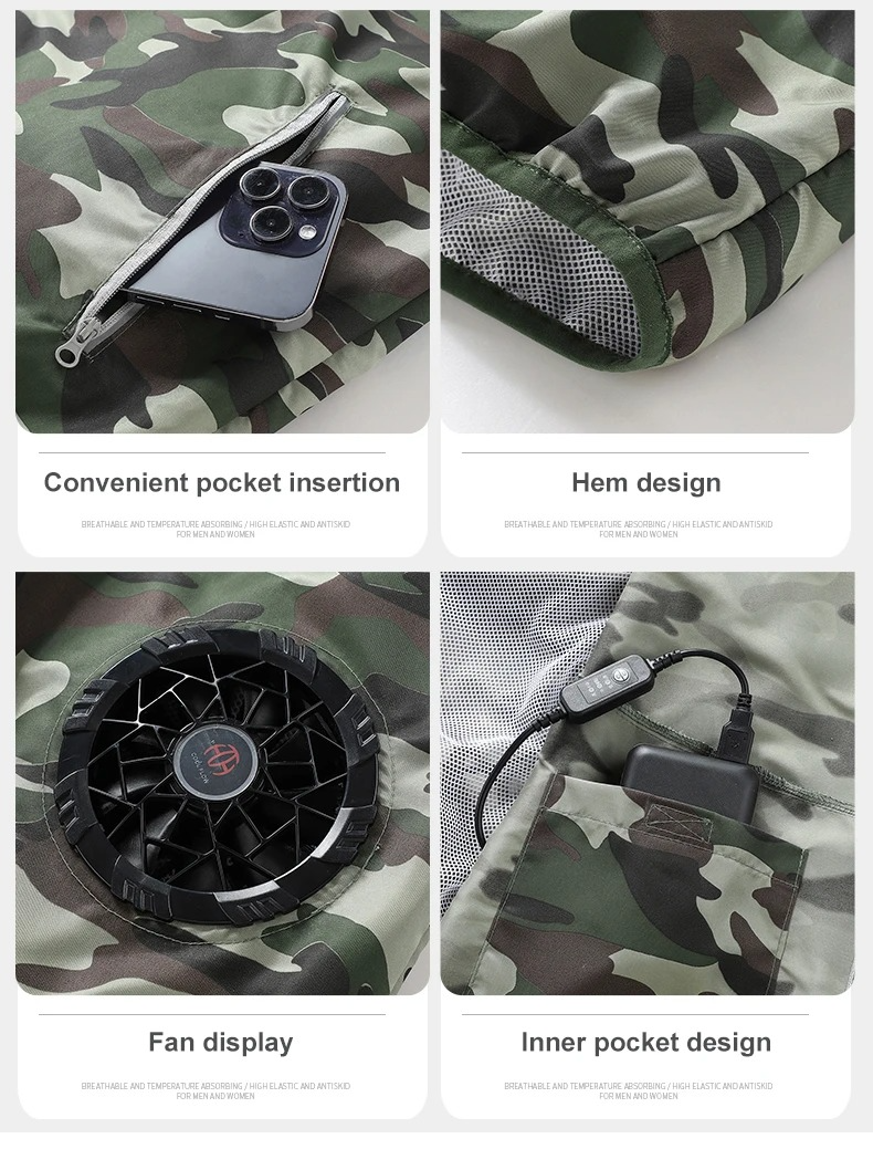 Camouflage cooling vest with various features highlighted on a white background