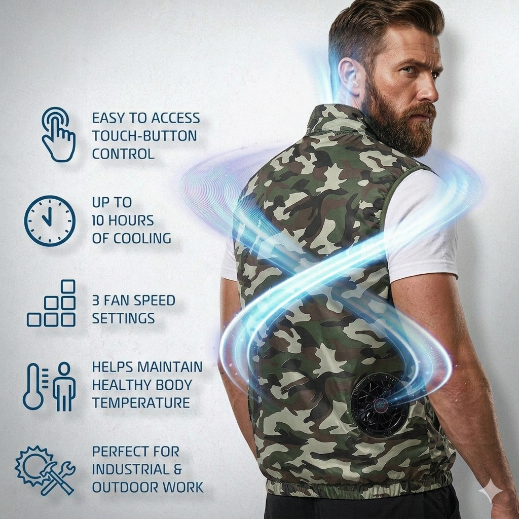 Man wearing a camouflage cooling vest with features listed on the left.