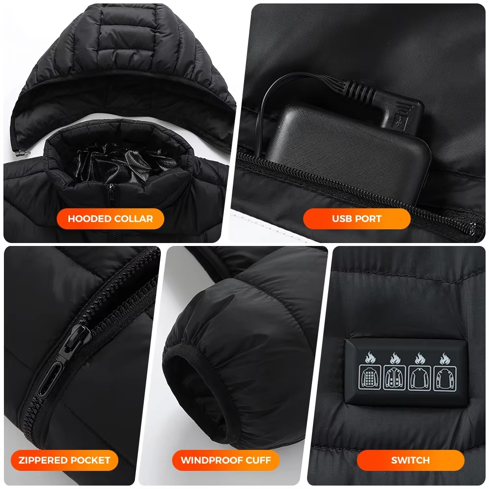 Black heated jacket with various features highlighted 
