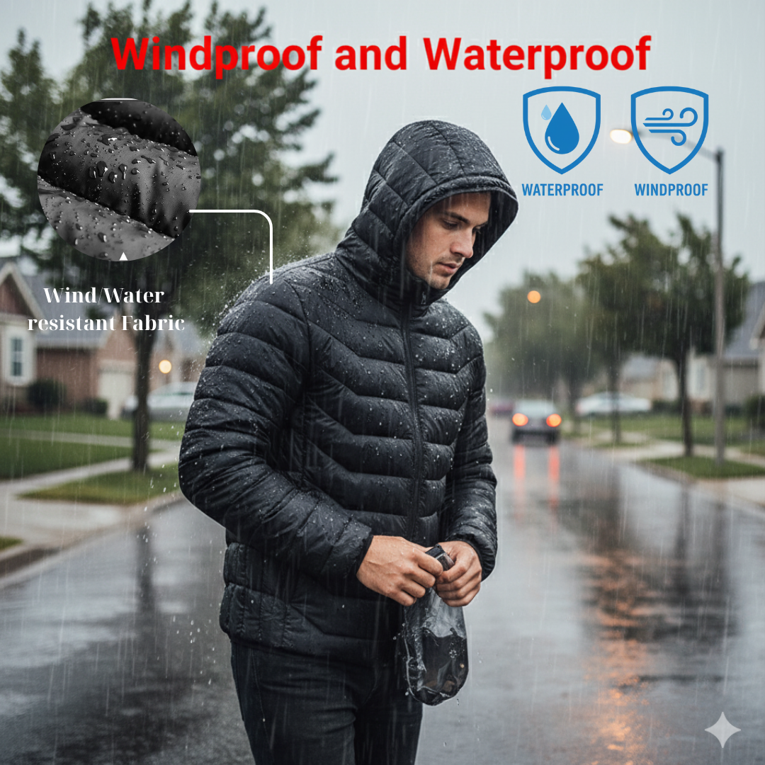 Man wearing a Zenitheat™ Apex 21 black heated jacket in the rain with text 'Windproof and Waterproof' and icons.