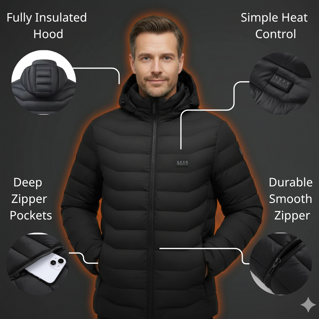 Man wearing a Apex 21 black heated jacket of Zenitheat™ with features highlighted product show on photo