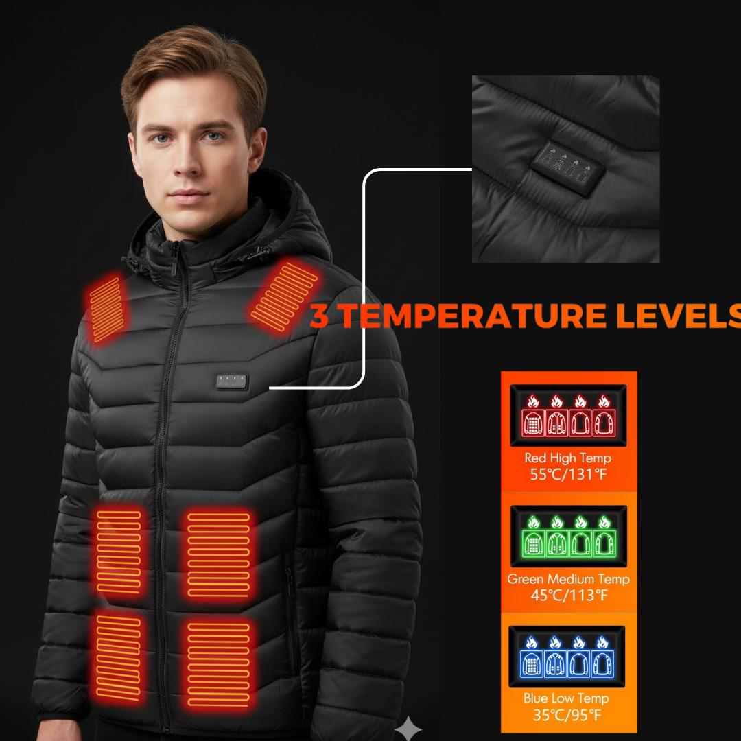Zenitheat™ Apex 21 Black heated jacket with glowing orange heating elements and temperature level indicators