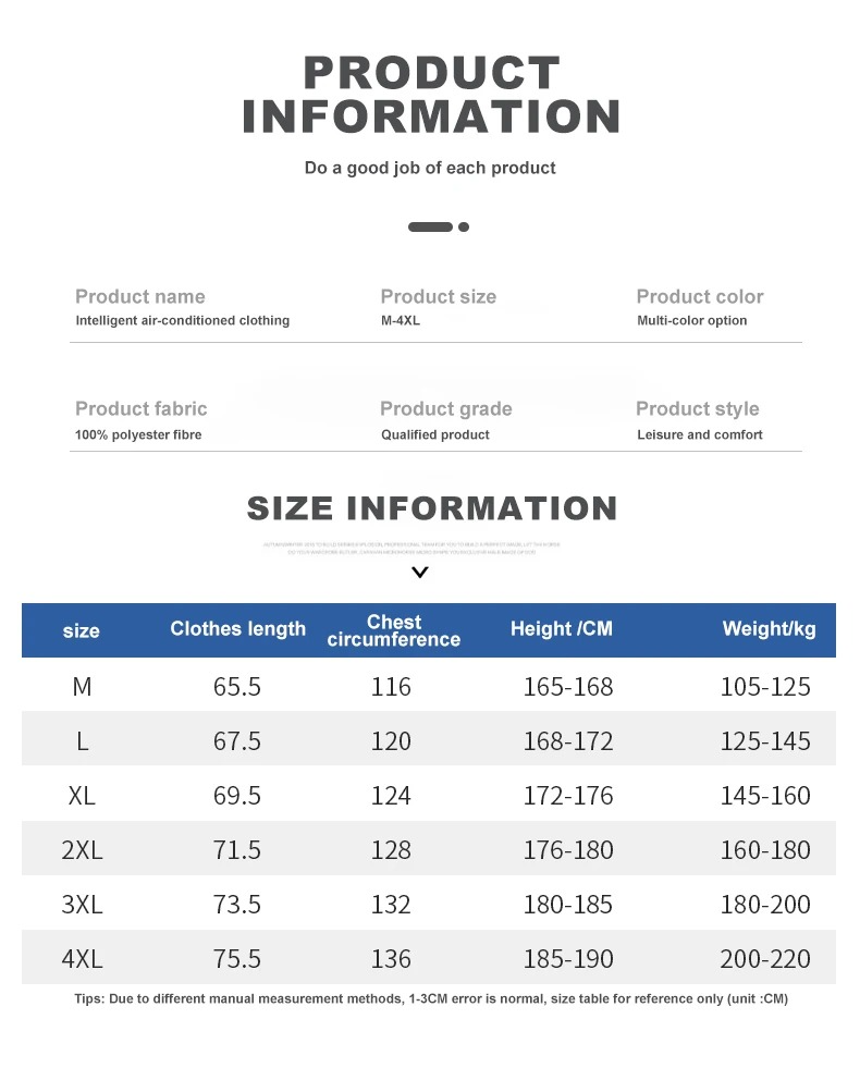 Product information and size chart for intelligent air-conditioned clothing.