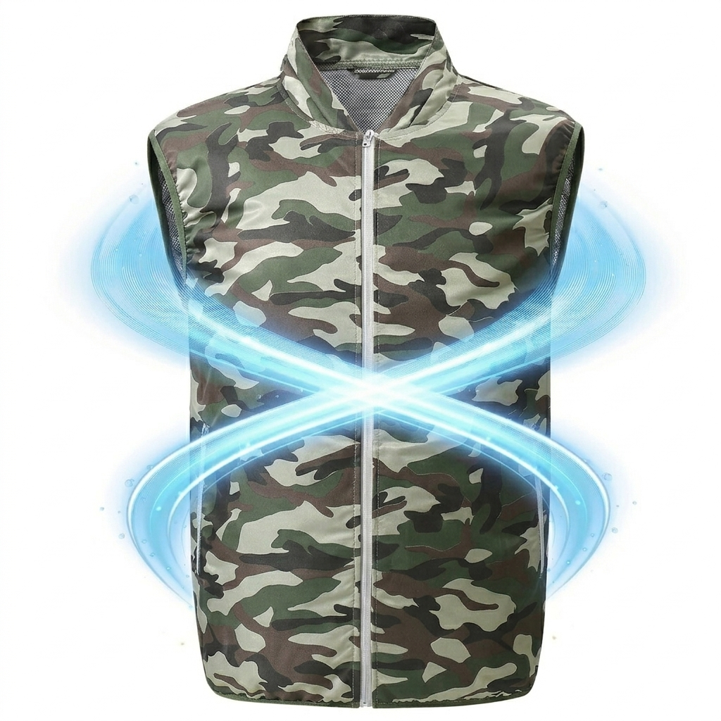 Camouflage-patterned cooling fan vest on a white background