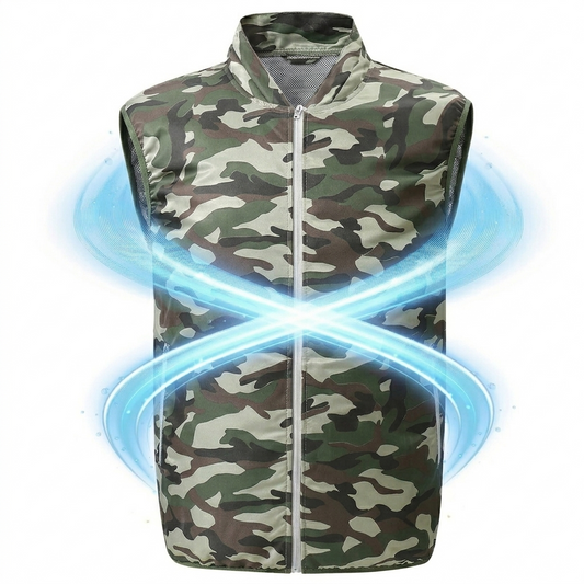 Camouflage-patterned cooling fan vest on a white background